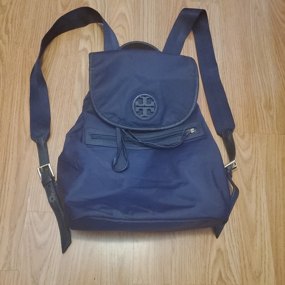 Tory Burch Handbags - Tory Burch Backpack Blue Satin With Flap Drawstring *View All Pictures *